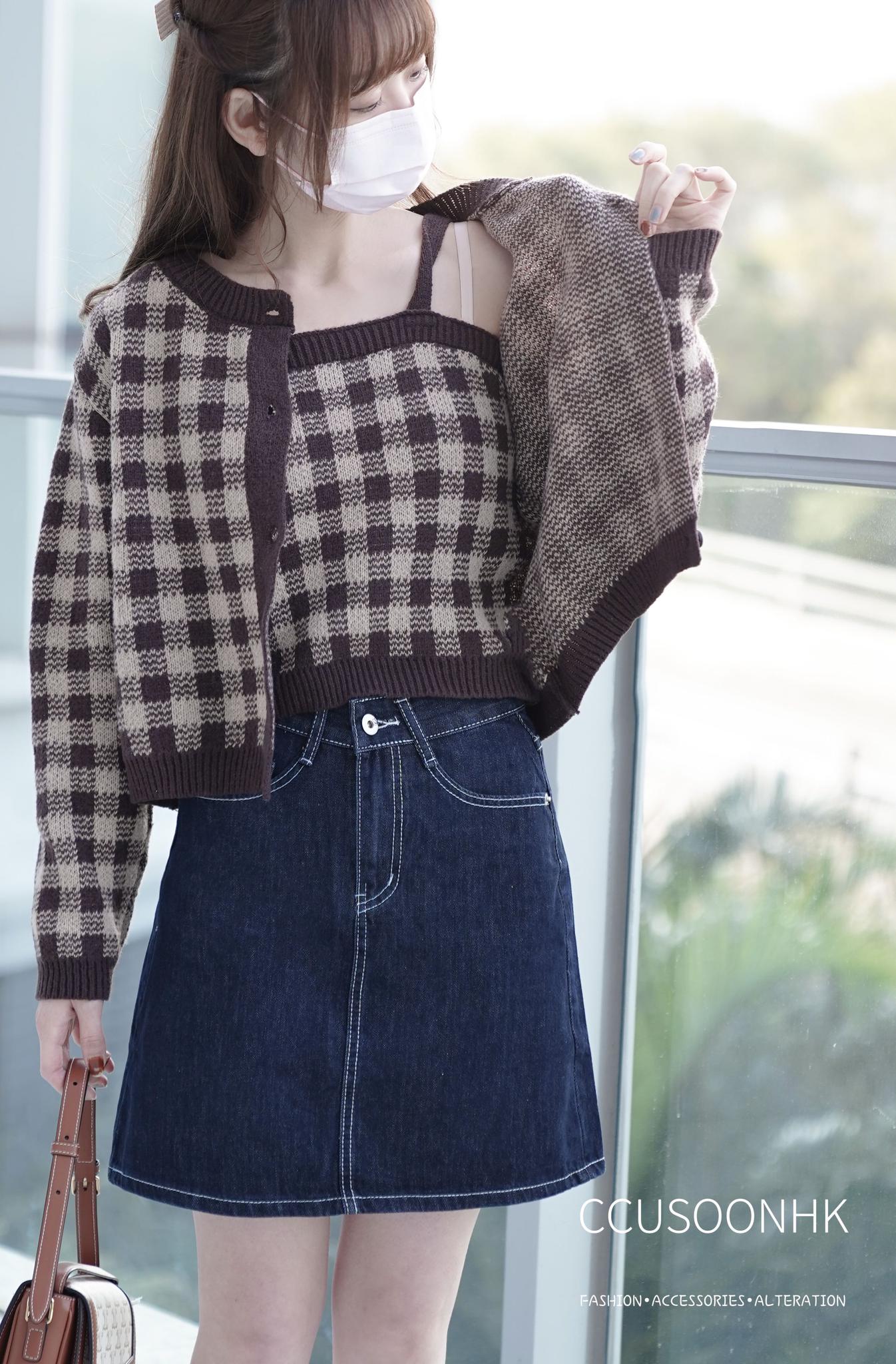 （現貨）日本直送♥️ 懶懶一套兩件 set knit pullover 格仔針織開胸外套仔+ 吊帶衫仔 - 深淺啡格 - CCUSOONHK